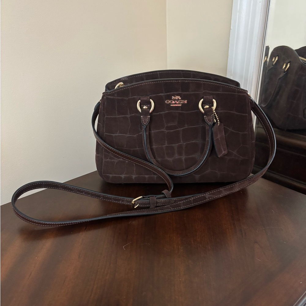 Coach- Savannah Small Carryall Bag- Brown Suede Croc